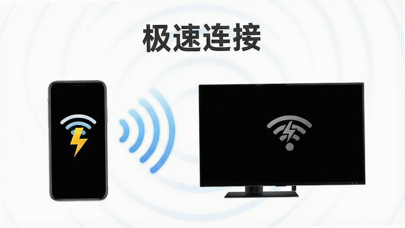 主体为手机与电视之间的无线连接示意图,布局呈现信号波纹扩散效果,排版居中对称,风格极简白色背景,细节包含Wi-Fi图标与闪电符号,画质高清,干净,无多余元素,文字
