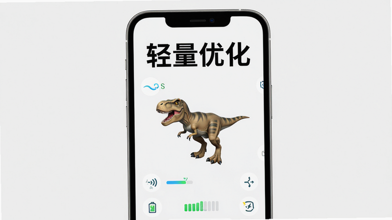 主体是一个手机屏幕界面,显示着恐龙模拟器运行状态,背景为纯色,布局极简,风格为科技感UI设计,细节包括流畅度图标和电量指示,画质清晰锐利,干净无阴影,文字“轻量优化”位于顶部,黑色粗体