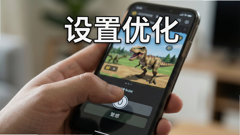 主体是一只手拿着手机,屏幕上显示恐龙模拟器设置界面,背景虚化,布局聚焦于手指操作,风格为生活化摄影,细节清晰显示按钮点击,画质自然柔和,干净无杂物,文字“设置优化”位于上方,白色描边