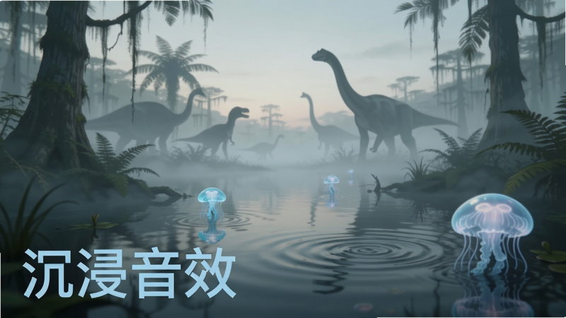 主体是一片史前沼泽地,雾气缭绕,远处有恐龙剪影,布局开阔,营造神秘氛围,风格为电影概念艺术,细节包括水面涟漪和漂浮的水母,画质柔和梦幻,干净无杂乱元素,文字“沉浸音效”位于左下角,浅蓝色,半透明效果