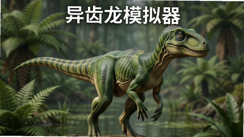 主体为一只写实风格的绿色异齿龙站立在史前丛林中,背景是模糊的蕨类植物和沼泽,布局居中,排版简洁,风格为高品质3D渲染,细节丰富展现皮肤纹理,画质4k高清,干净无多余元素,文字“异齿龙模拟器”位于顶部中央,白色无衬线字体