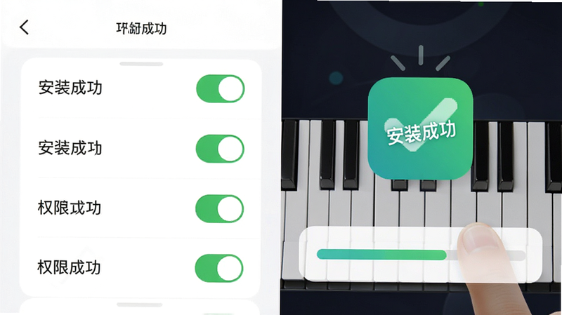 主体为手机设置界面与指尖钢琴模拟器安装过程的示意图,布局左侧为权限开关列表,右侧为应用图标安装动画,排版左右分栏,风格简洁明了,细节处有勾选标记和进度条,画质清晰,干净无多余元素,文字包含“安装成功”