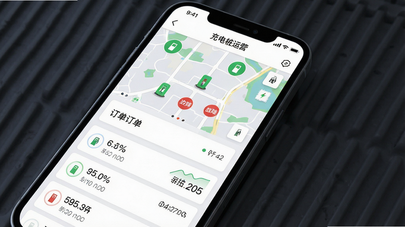 ����Ϊ�����ֻ���Ļ����ʾ�����׮��Ӫ��APP�������棬���ֲ��ÿ�Ƭʽ��ƣ��Ϸ���ʾʵʱ��ͼ����׮״̬ͼ�꣨��ɫ��ʾ���У���ɫ��ʾ���ϣ����·��г������б�������ͼ�����Ű��������������Ϊ�ִ���ƽ������磬ϸ�ڰ��������ٷֱ����֡�ʱ��������ʸ��壬�ɾ����޶���Ԫ�أ����֡����׮��Ӫ��λ�ڶ���������