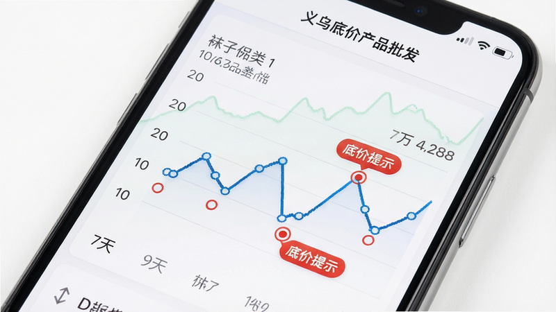 主体为手机屏幕特写,显示“义乌底价产品批发”内的价格走势图,折线图清晰展示袜子品类近7天价格波动,关键低点用红色圆点标记,旁边有“底价提示”标签,背景为白色,界面干净,字体清晰,高清渲染,无杂乱元素