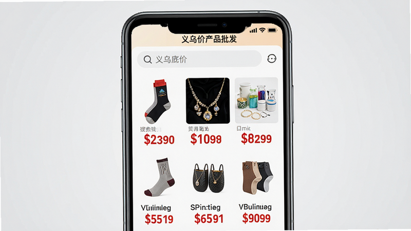 主体为一部竖屏智能手机,屏幕中央显示“义乌底价产品批发”APP界面,顶部为搜索栏,下方网格排列着袜类、小饰品、日用百货等商品缩略图,每个商品下方标注醒目红色低价数字,背景为浅灰色渐变,风格现代简洁,高清无噪点,排版整齐,无多余水印或文字