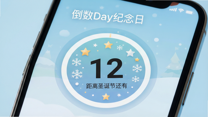 һ�Ÿ߷ֱ��ʵ������ֻ���Ļ��д������Ϊ��͵�ǳ��ɫ���䡣��Ļ������ʾ�š�����Day�����ա���Ӧ�ý��棬�����������ı������֡�����������һ��Բ�εĵ���ʱ��Ƭ���м���ʾ�ž޴�����֡�12�����·���ע�š�����ʥ���ڻ��С�����Χ���������Ǻ�ѩ��װ��Ԫ�أ�������ܰ���ڴ��С���Ʒ���ƽ����ɫ�����£���Ӱ��ͣ�����ϸ�壬�޶���ˮӡ������Ԫ�ء�