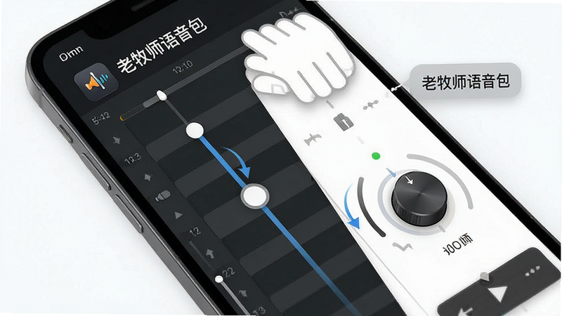 一张展示手机混音界面的操作示意图,主体为手机屏幕,显示时间轴滑块和音量调节旋钮,布局简洁直观,排版符合移动端交互习惯,风格简约现代,细节处有手势操作指引,包含“老牧师语音包”品牌标识,画质清晰,干净