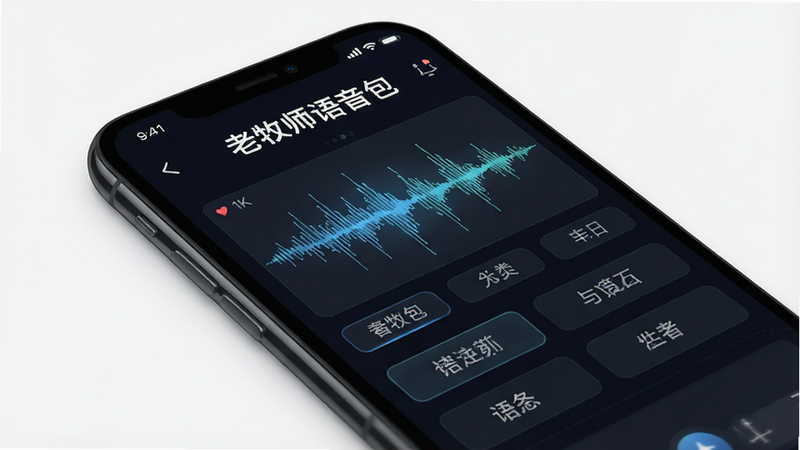 一张展示“老牧师语音包”应用界面的高清设计图,主体为深色背景下的手机屏幕,屏幕内显示清晰的语音波形图和分类标签,布局整洁,排版现代,风格科技感强,细节丰富,包含“老牧师语音包”文字标识,画质8K,干净无多余元素