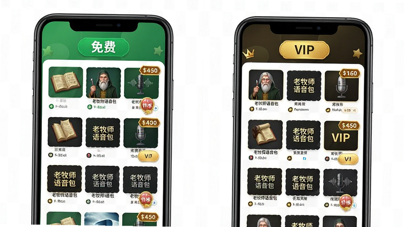 一张展示应用内免费与付费素材对比的界面图,主体为手机屏幕,左侧显示“免费”标签的绿色素材列表,右侧显示“VIP”标签的金色素材列表,布局对称,排版清晰,风格商业化设计,细节处有价格标签和解锁按钮,包含“老牧师语音包”文字,画质高,干净