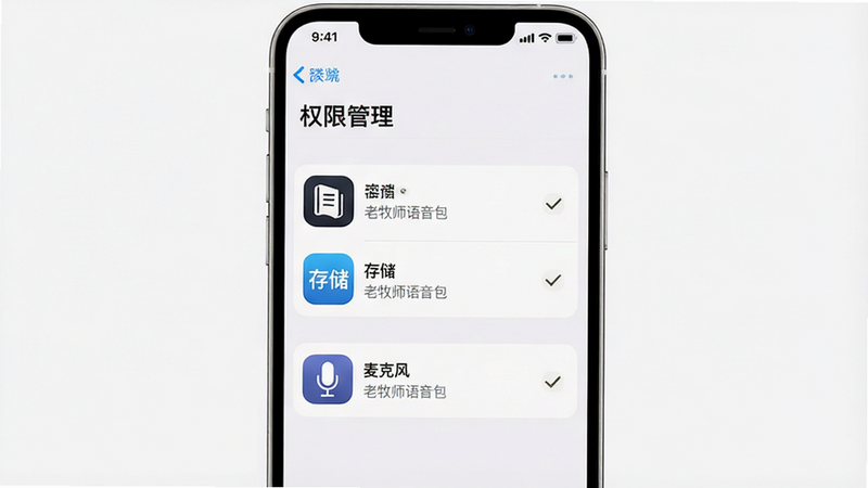 一张展示手机端设置权限界面的示意图,主体为手机屏幕,显示“权限管理”列表,高亮显示“存储”和“麦克风”选项,布局清晰,排版简洁,风格iOS/Android通用界面,细节处有勾选标记,包含“老牧师语音包”应用图标,画质清晰,干净