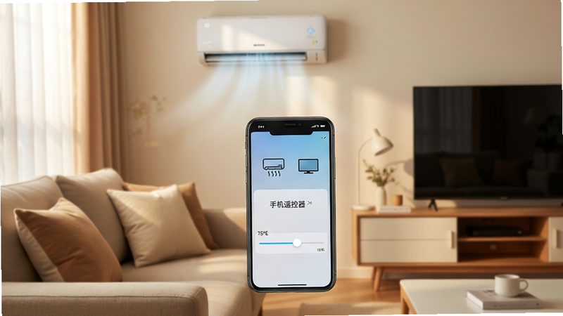 生成一张现代简约风格的智能家居场景图,主体为一部竖立的智能手机,屏幕显示着“手机遥控器”应用界面,界面上有清晰的空调、电视图标和温度调节滑块。背景是温馨的客厅,沙发上放着抱枕,远处有一台正在运行的智能空调和电视。光线柔和,色调温暖,突出科技感与生活气息,高清摄影风格,干净无杂物