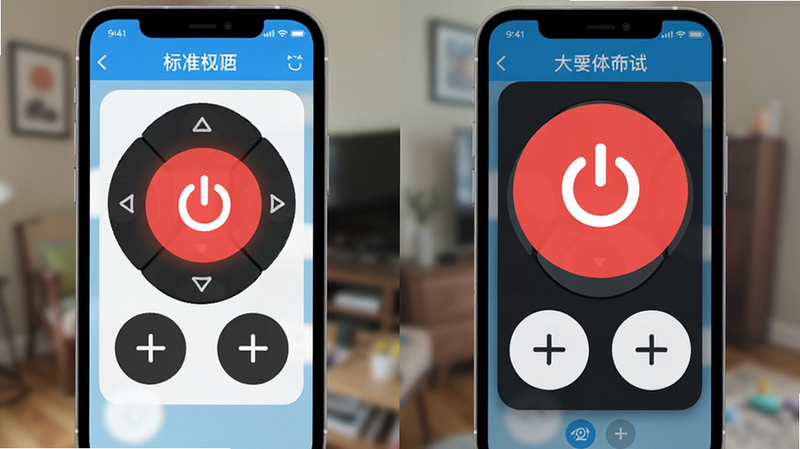 对比展示“手机遥控器”的两种不同UI布局模式,左侧为标准布局,右侧为自定义大字体布局,突出显示被放大的红色电源键和温度加减键。屏幕边框清晰,背景模糊处理以聚焦界面,扁平化设计风格,色彩鲜明,体现个性化定制能力,UI设计展示