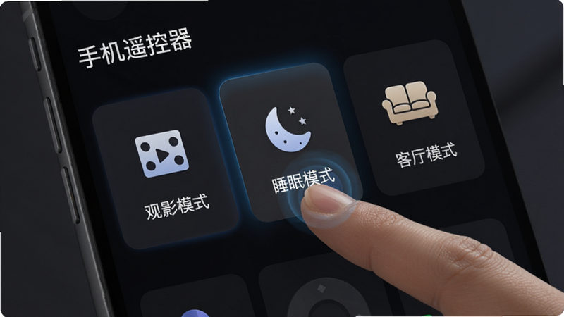 展示“手机遥控器”的场景设置界面,屏幕上显示三个场景卡片:“观影模式”、“睡眠模式”、“客厅模式”,每个卡片配有相应的图标(电影胶卷、月亮、沙发)。手指正在点击“观影模式”卡片,界面动效自然,背景为深色模式,突出智能联动功能,科技风,简洁明了