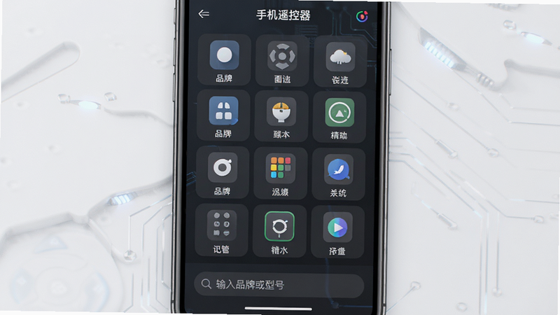 展示“手机遥控器”应用内部的设备选择界面,屏幕中央显示品牌列表网格,下方有搜索栏显示“输入品牌或型号”。界面设计简洁扁平化,图标清晰可见,背景为深灰色科技风,突出专业性与数据丰富度,UI设计图,高保真,细节精致
