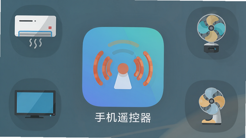 展示手机桌面上“手机遥控器”的应用图标,图标设计简洁,带有红外信号波纹元素,周围环绕着空调、电视、风扇等小型家电图标,象征其万能控制能力,扁平化设计风格,色彩和谐,清新简约