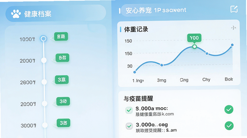 主体为“安心养宠”APP内的健康档案页面,布局左侧为时间轴,右侧为体重曲线图与疫苗提醒列表,排版左右分栏结构,风格科技感与亲和力结合,细节包含数据点标记与绿色对勾图标,画质锐利,干净,文字“健康档案”与“体重记录”清晰