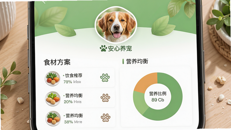 主体为“安心养宠”APP的饮食推荐界面,布局上方为宠物头像,下方为食材推荐列表与营养比例饼图,排版上下结构,风格清新自然,细节包含食物图标与百分比数据,画质细腻,干净,文字“饮食方案”与“营养均衡”清晰