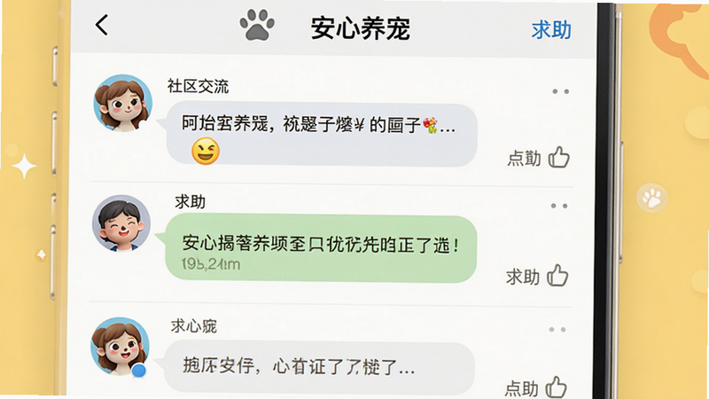 主体为“安心养宠”APP的社区讨论页面,布局为消息流形式,包含用户头像、提问内容与点赞数,排版垂直滚动结构,风格活泼社交化,细节包含对话气泡与表情图标,画质明亮,干净,文字“社区交流”与“求助”清晰