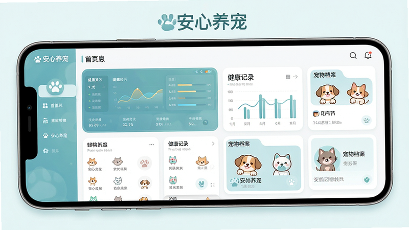主体为“安心养宠”APP界面全景图,布局清晰展示首页仪表盘、健康记录图表及宠物档案卡片,排版简洁现代,风格温馨治愈,细节包含可爱的卡通宠物图标与柔和的蓝绿色调,画质高清,干净无多余元素,文字“安心养宠”清晰可见