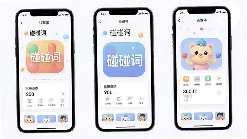 主体为碰碰词APP界面,布局清晰,排版整洁,风格简约现代,细节丰富,画质高清,干净无多余元素,文字“碰碰词”清晰可见,色彩柔和,移动端UI设计,扁平化风格,高分辨率