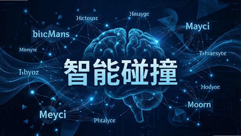 主体为词汇碰撞概念图,布局动态,排版流动,风格科技感,细节呈现词汇连接网络,画质精细,干净,文字“智能碰撞”居中,蓝色调,抽象图形,高清渲染
