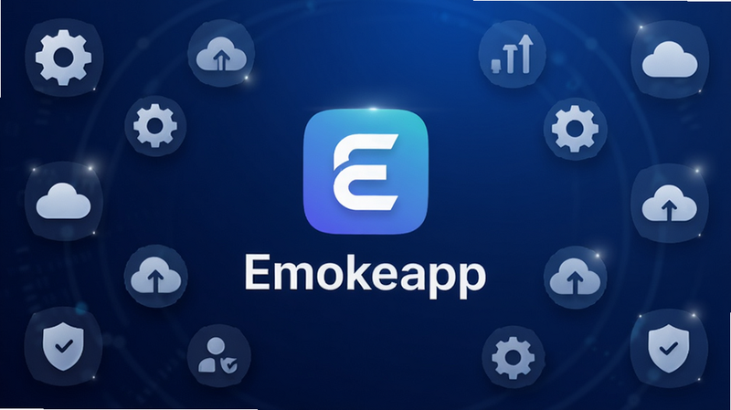 主体为 Emokeapp 软件的高清宣传海报,布局采用中心对称设计,中央展示软件 Logo 及“Emokeapp”字样,背景为深蓝色科技渐变,四周环绕抽象的功能图标如齿轮、云朵、盾牌,排版整齐,风格为现代极简主义,细节包含微光效与柔和阴影,画质 4k,干净,无多余元素