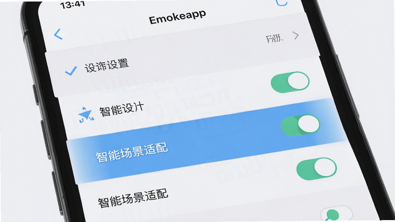 主体为手机屏幕界面,显示 Emokeapp 的设置页面,布局为列表式,高亮显示“智能场景适配”选项,背景为浅灰色,风格为扁平化 UI 设计,细节包含勾选标记与开关状态,画质高清,干净,无多余元素
