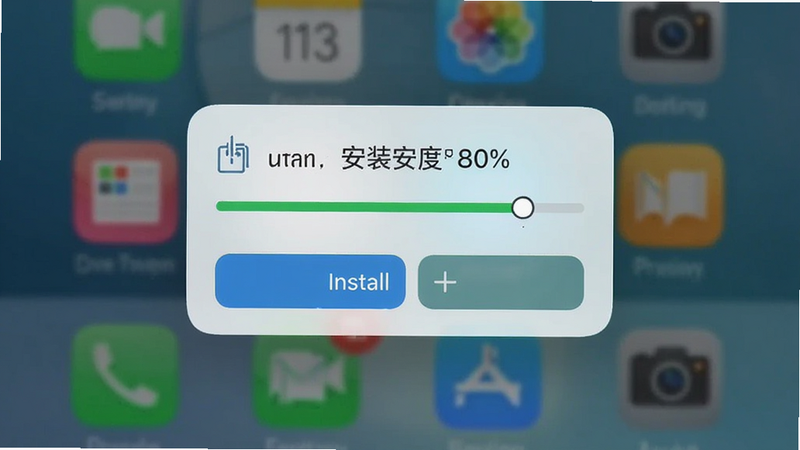 主体为手机安装界面,显示安装进度 80%,布局为居中弹窗,背景为模糊的手机桌面,风格为系统原生 UI,细节包含安装按钮与进度条,画质清晰,干净,无多余元素
