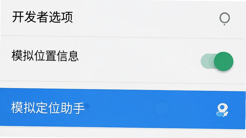 主体为手机设置界面截图,显示“开发者选项”页面,其中“模拟位置信息”开关处于开启状态,下方列表高亮显示“模拟定位助手”被选中,界面为安卓原生风格,白色背景,黑色文字,清晰简洁,细节展示开关状态,高清画质,无水印