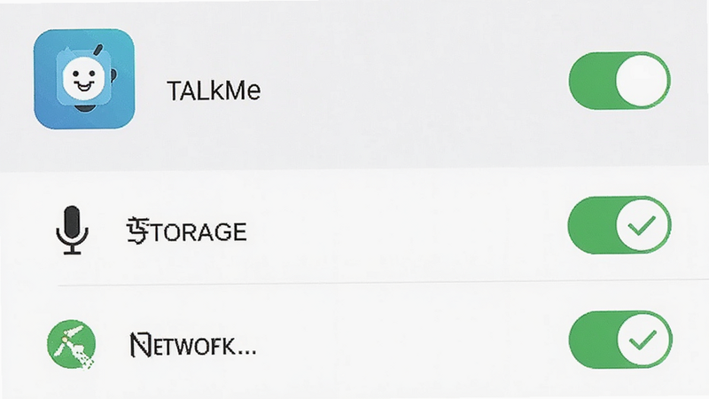 展示手机设置界面中权限管理的示意图,TalkMe的图标位于列表顶部,麦克风、存储、网络权限均已开启,界面简洁直观,风格扁平化,布局清晰,细节处有勾选标记,画质清晰,无多余干扰元素