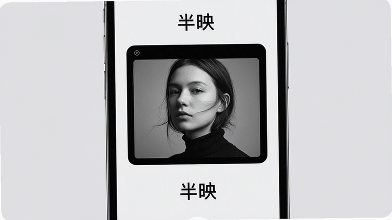主体展示名为“半映”的手机应用界面,布局简洁,背景为柔和的浅灰色,中央突出显示相机取景框,取景框内呈现一张高质感的黑白人像照片,排版居中,风格极简现代,细节清晰,画质4k,干净无多余元素,文字“半映”清晰可见