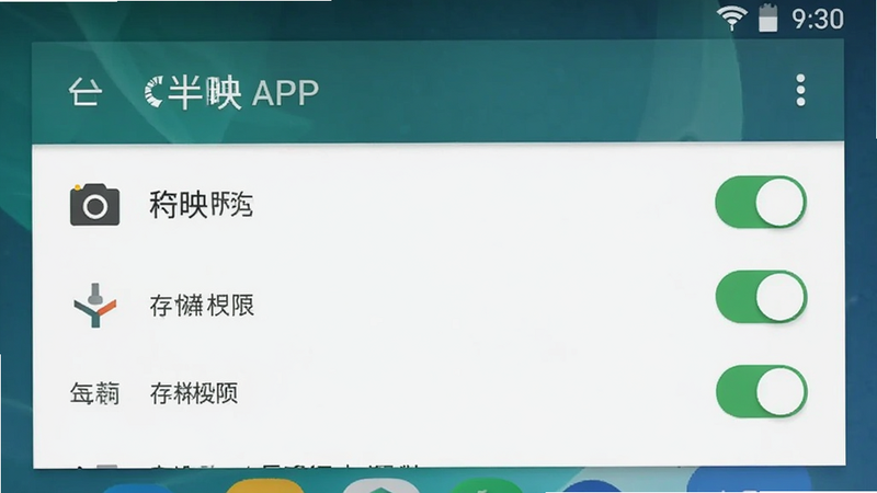 手机设置界面截图,显示“半映”APP的权限管理页面,相机、存储权限已开启,背景为安卓系统默认风格,布局清晰,文字清晰,画质高清,干净