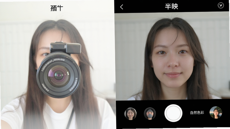 对比图,左边是普通相机拍摄的过饱和照片,右边是“半映”APP拍摄的自然色彩照片,右边照片色彩柔和自然,布局左右对称,风格对比鲜明,细节清晰,画质高清,文字“自然色彩”标注在右侧
