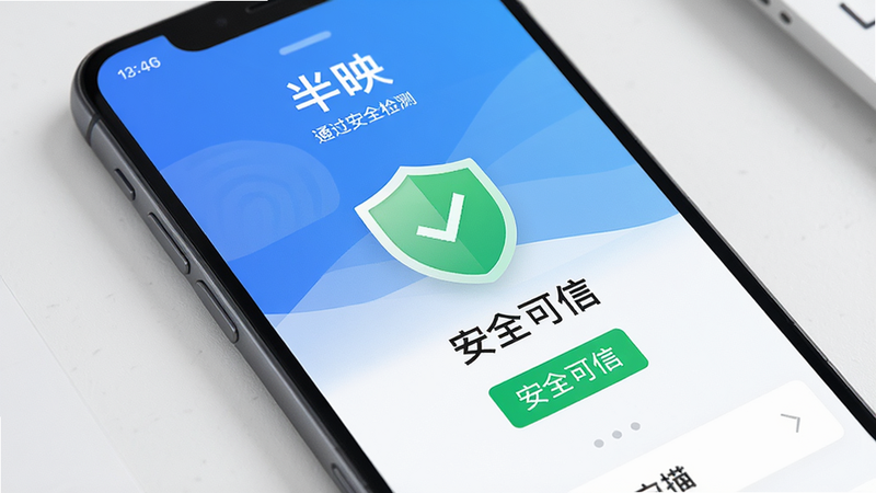 手机安全扫描界面,显示“半映”APP通过安全检测,绿色盾牌图标,布局简洁,文字“安全可信”标注在中央,风格专业,画质高清,干净