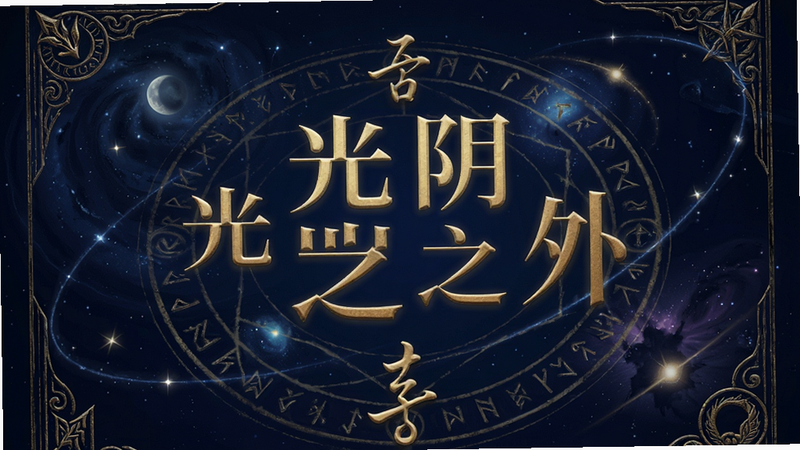 一部名为“光阴之外”的书籍封面,深蓝色背景,金色字体标题,周围环绕着星空和神秘符文,主体居中,布局简洁大气,排版工整,风格玄幻神秘,细节丰富,画质高清,干净,无多余元素,图中文字为“光阴之外”