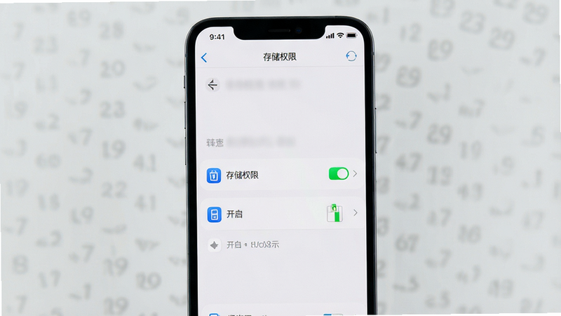 手机设置界面截图,显示存储权限开启状态,图标清晰,背景简洁,主体为手机屏幕,布局垂直,排版整齐,风格科技简约,细节清晰,画质高清,干净,无多余元素,图中文字为“存储权限”
