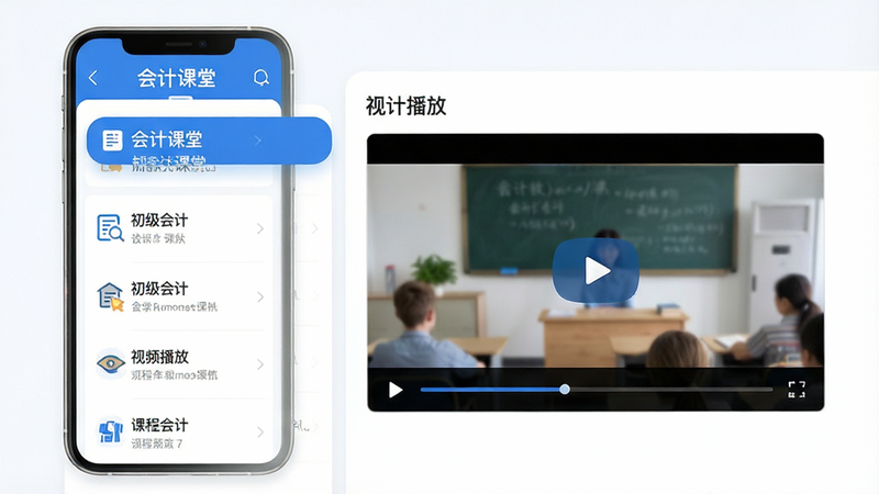 主体为“会计课堂”APP界面全景展示,布局采用现代扁平化设计,左侧显示课程列表,右侧为视频播放窗口,排版整齐有序,风格为清新商务蓝白配色,细节包含清晰的文字菜单和进度条,画质高清,干净无多余元素,文字标签为“会计课堂”、“初级会计”、“视频播放”