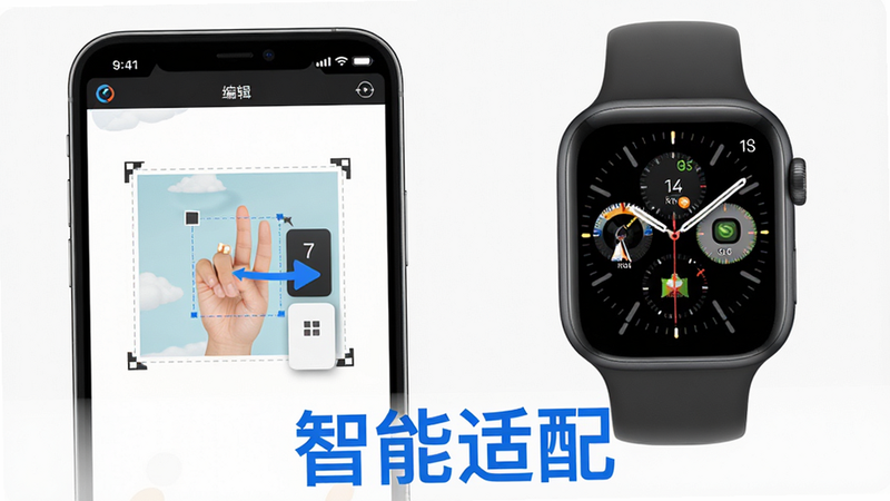 主体为手机界面与手表界面并排展示,左侧手机显示编辑界面,右侧手表显示最终效果,布局左右对称,排版清晰,风格扁平化设计,细节展示裁剪框与组件拖拽过程,画质高清,干净无杂乱背景,文字“智能适配”以蓝色粗体位于底部
