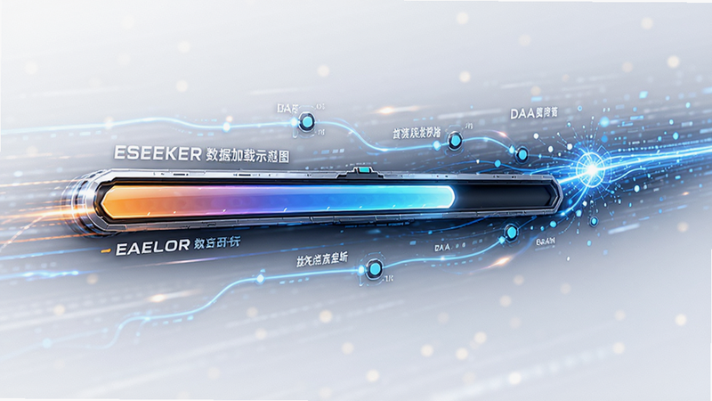 Eseeker数据加载过程示意图,主体为进度条与数据流线条,布局横向展开,排版动态感,风格速度感,细节包含数据节点与光线效果,画质锐利,干净,无多余元素