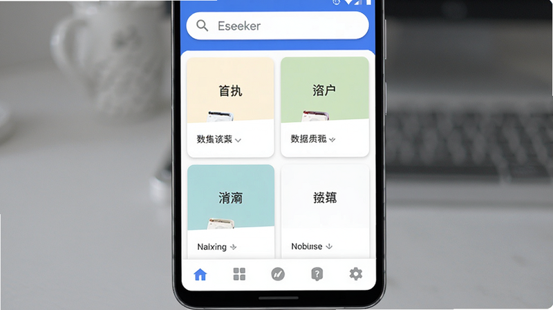 主体为Eseeker安卓应用主界面,布局清晰,顶部为搜索栏,中部展示分类卡片,底部为导航栏,风格简约现代,细节包含搜索图标与文字,画质高清,干净,无多余元素