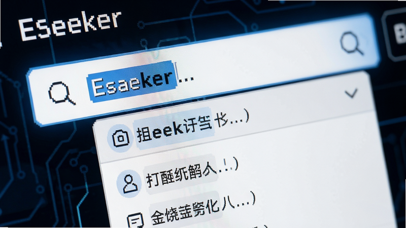 展示Eseeker搜索界面的特写,主体为搜索框与下拉联想词列表,布局紧凑,排版整齐,风格科技感,细节包含高亮关键词与图标,画质清晰,干净,无多余元素