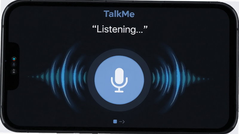 主体为手机屏幕上的 TalkMe 语音对话界面,布局中心显示大大的麦克风按钮,周围环绕声波动态效果,排版对称,风格科技感强,细节显示实时转写的英文句子,画质清晰,干净,无多余元素,文字加引号