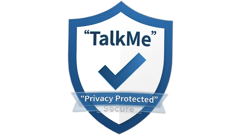 主体为 TalkMe 的安全认证徽章,布局居中,排版醒目,风格盾牌图标结合对勾,细节包含“Privacy Protected”字样,画质高清,干净,无多余元素,文字加引号