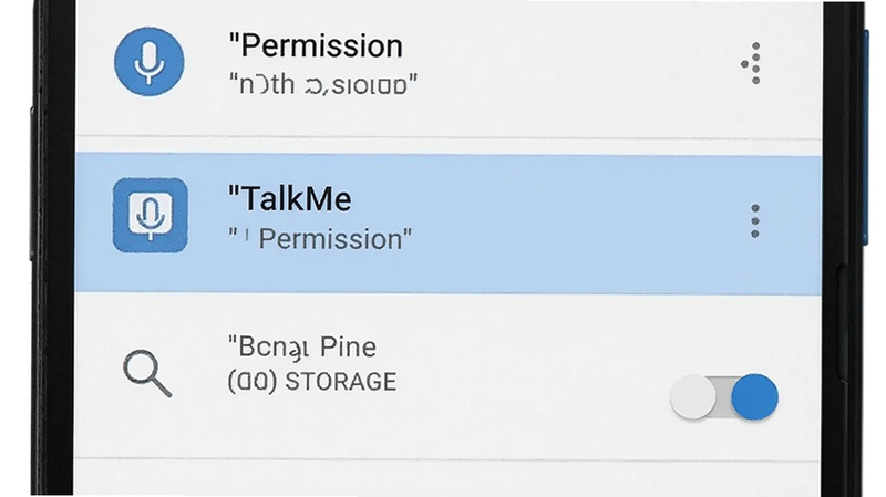主体为安卓手机设置界面,高亮显示 TalkMe 应用权限设置项,布局垂直列表,排版简洁,风格系统原生界面,细节包含麦克风、存储权限开关,画质清晰,干净,无多余元素,文字加引号