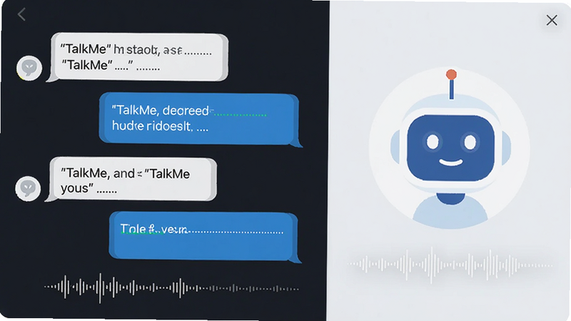 主体为 TalkMe 应用程序的界面预览,布局清晰,左侧显示对话气泡,右侧为 AI 助手头像,排版简洁现代,风格为扁平化设计,细节包含清晰的英文对话文本和语音波形图,画质高清,干净,无多余元素,文字加引号