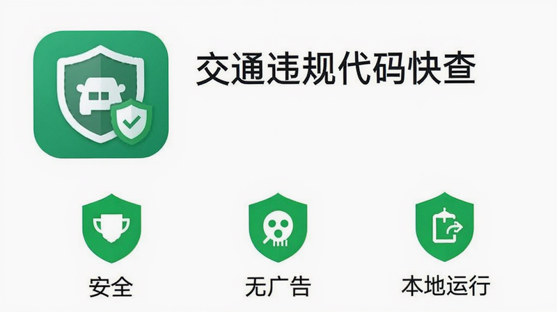手机应用商店详情页截图,显示“交通违规代码快查”应用图标,下方有“安全”、“无广告”、“本地运行”三个绿色盾牌图标,背景为白色,文字简洁明了,体现软件的安全性与纯净性,高清UI设计