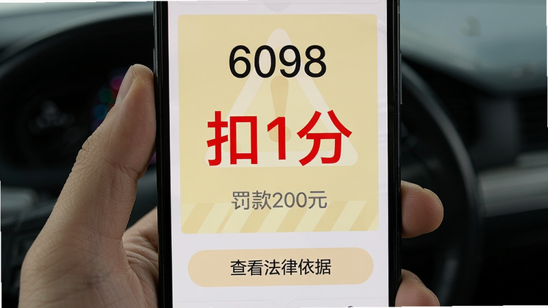手机屏幕显示详细解析页面,上半部分为违法代码“6098”,中间大号红色数字显示“扣1分”,下方灰色小字显示“罚款200元”,底部有“查看法律依据”按钮,背景为淡黄色警示色块,布局清晰,字体锐利,UI设计专业