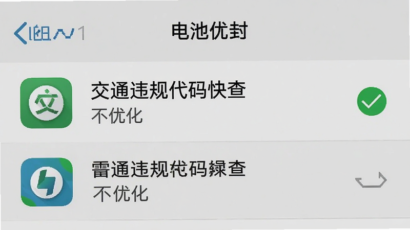 手机设置界面模拟图,显示“电池优化”列表,其中“交通违规代码快查”应用被标记为“不优化”,旁边有一个绿色的勾选图标,背景为系统默认灰色,文字清晰,模拟真实手机操作场景,高清截图风格