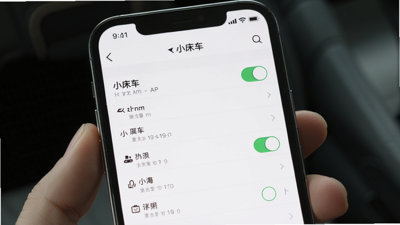 主体为手机屏幕显示“小床车”APP的设置界面,布局为列表式菜单,排版简洁,风格为极简主义,细节包括开关按钮和文字说明,画质清晰,干净,无多余元素