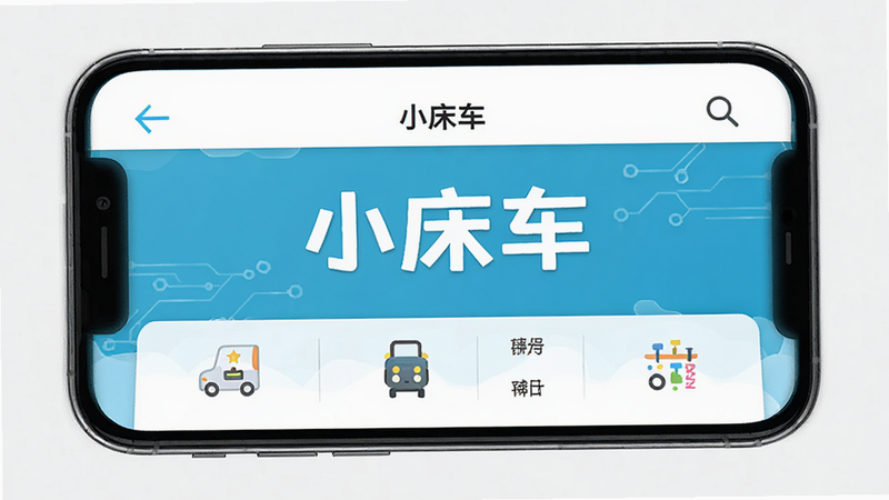 主体为一部现代智能手机,屏幕中央显示“小床车”APP界面,布局为顶部导航栏加底部功能网格,排版简洁清晰,风格为扁平化科技风,细节包括清晰的图标和高对比度文字,画质高清,干净,无多余元素